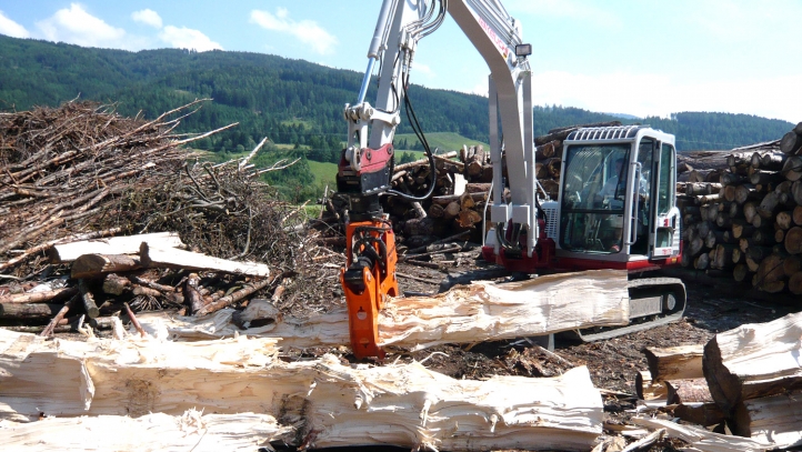 Clește manipulator oscilant cu doi cilindri